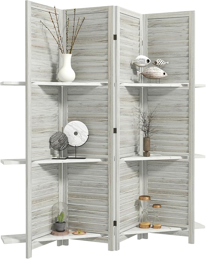 HOMCOM Room Divider with Shelves, 4 Panel, Distressed White | Wood Privacy by HOMCOM