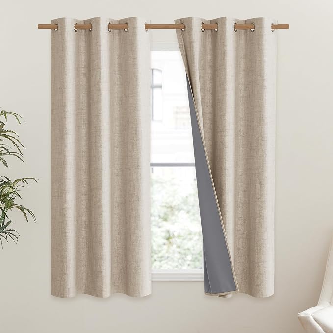 NICETOWN Cream Thick Linen Blend 100% Blackout Curtains 63" Long 2 Panels Set - Image 2