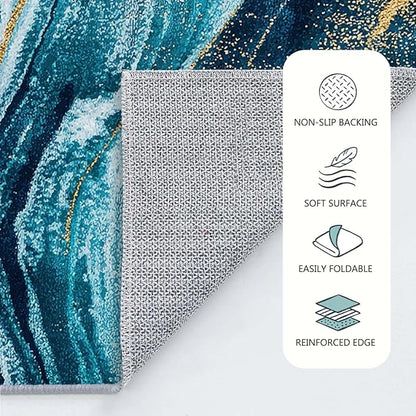 2x3 Abstract Entryway Area Rug Blue White Golden Bathroom Rug Non Slip Machine Washable Low Pile Small Carpet Kitchen Bedroom Door Mat Entrance
