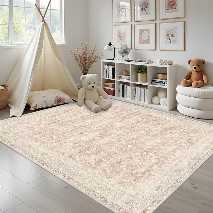 Latte&Fog Pink Rugs for Girls Bedroom Washable 6x9 Area Rug for Living Room | - Image 4
