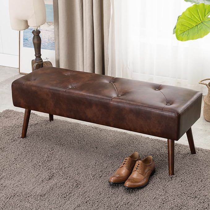44 Inch Tufted Bench, Leather Footrest Bedroom Bench Seat, Upholstered Leather - Image 9