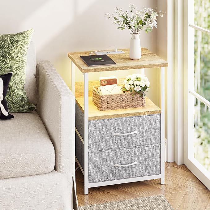 Fixwal Night Stand with Charging Station, Led Nightstand, 2 Fabric Drawers | by Fixwal