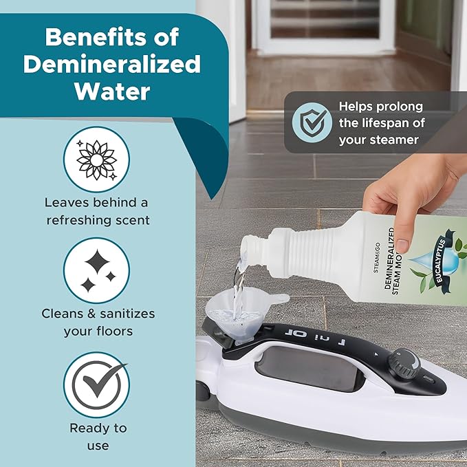 Steam & Go Demineralized Water Cleaning Solution for Floor & Multi-Surface Steam Cleaners - Compatible for All Steam Mops - Eucalyptus Mint Scent, 32 oz