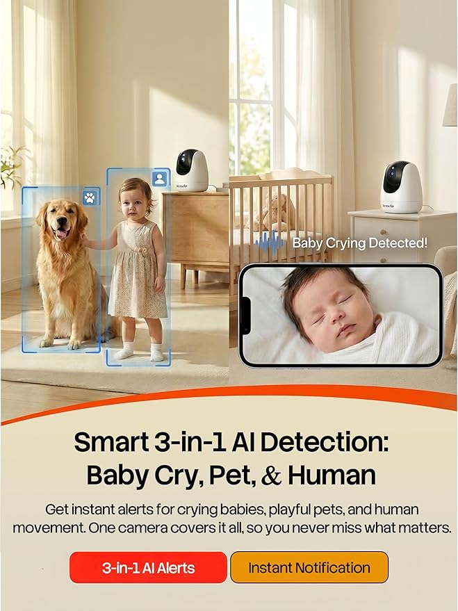 Tenda CP3 Pro 2K Indoor Security Camera with WiFi 6 & AI Baby/Pet Detection – Baby Monitor, Pet Camera for Home, One-Touch Calling, Night Vision, Military-Grade Encryption, No Subscription Needed