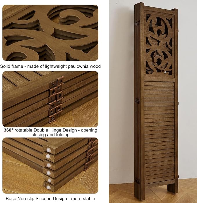 Svimi Folding Room Divider, 5.6Ft 6 Panels Wood Carved Privacy Screens - Image 4
