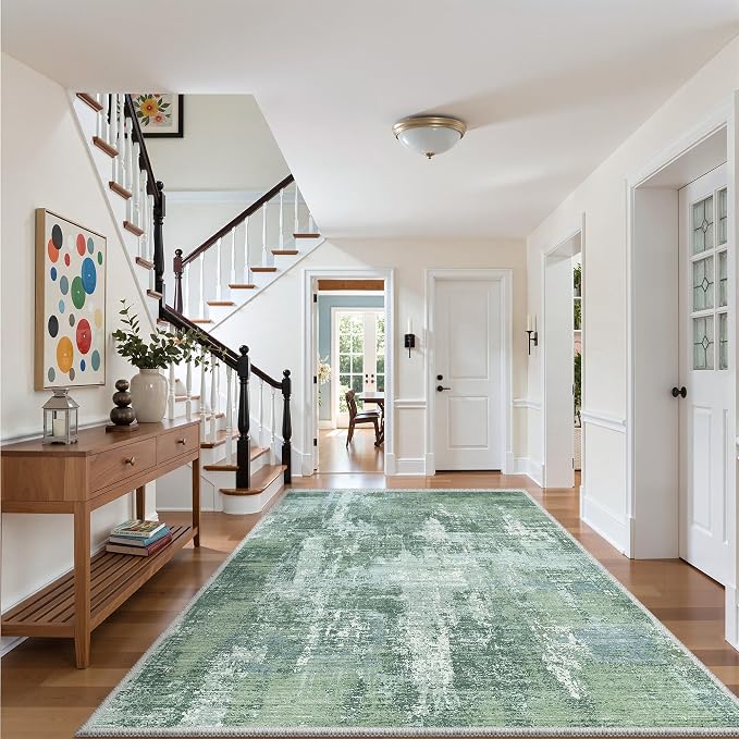 8x10 Area Rugs for Living Room, Abstract Washable Rug, Sage Green | Soft Thin & - Image 4