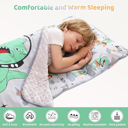 Viviland Toddler Kid Nap Mat for Preschool, Grey Dinosaur Slumber Bag, Daycare Sleeping Bag with Pillow and Blanket, Kindergarten Sleep Mat