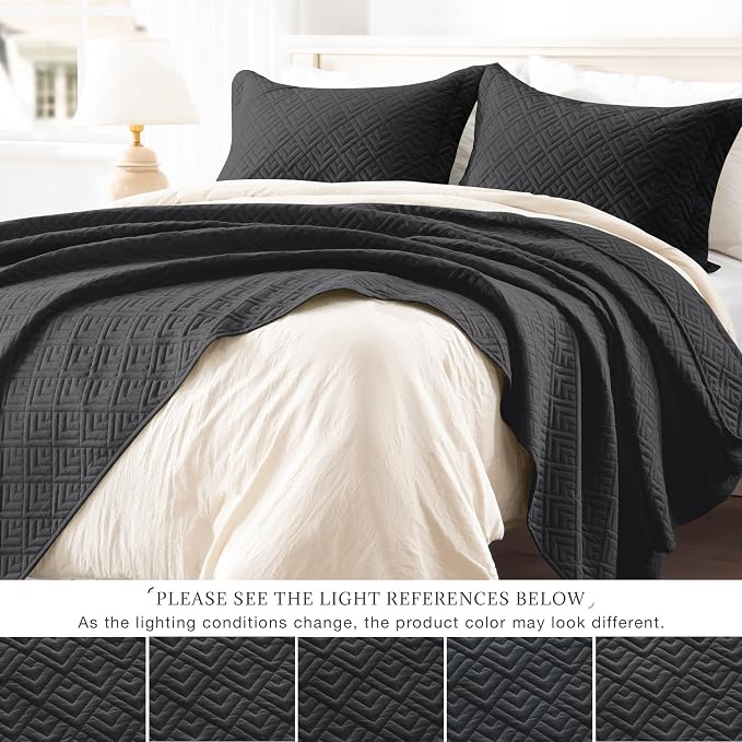 EXQ Home Twin Quilt Set Lightweight Squares Pattern Black Bedding Set | Soft - Image 3