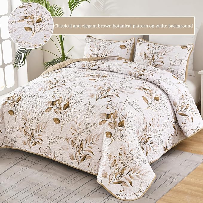 Anibedding Brown Quilt Set King, Fall Botanical Bedspread Bedding Set | Soft - Image 5