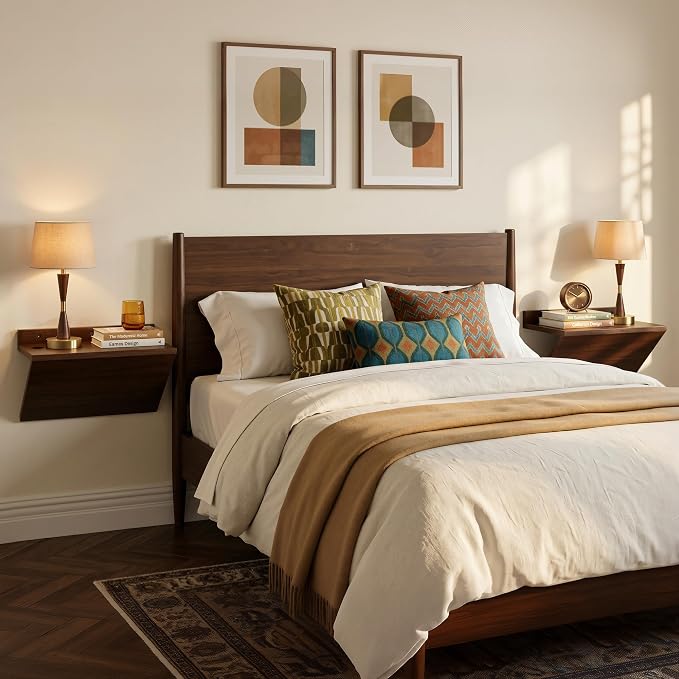 Floating Nightstand Set of 2 Walnut Bedside Table Wall Mounted Wood | Z-Shape - Image 7