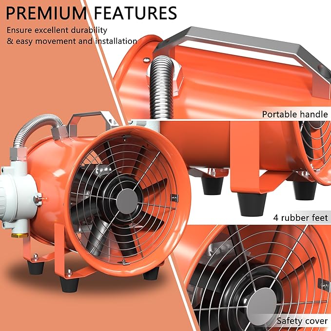 FICBXRA 10 Inch Explosion Proof Fan Portable Utility Blower Extractor Fan 350W/2.6A 1840CFM Industrial High Velocity Ventilator for Exhausting & Ventilating