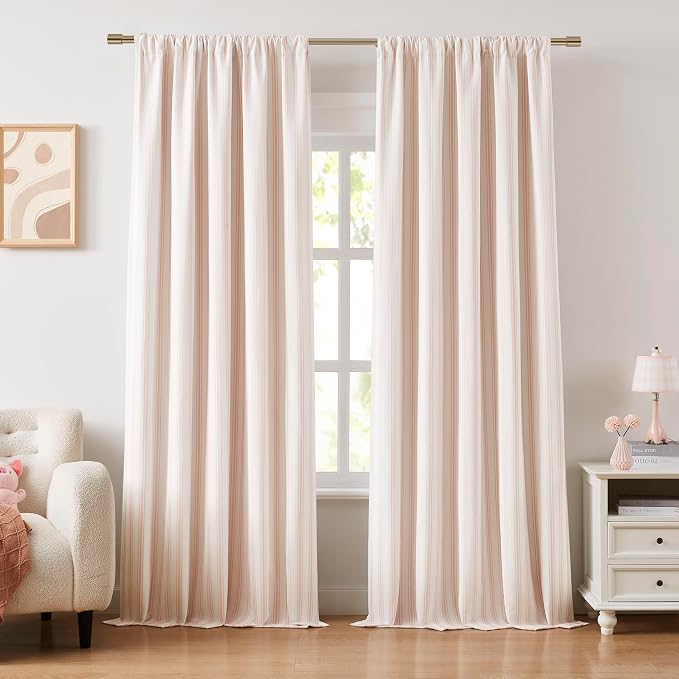 ZJDECOR 95 Inches Long Pink White Stripe Full Blackout Curtain Panels | Cotton by ZJDECOR