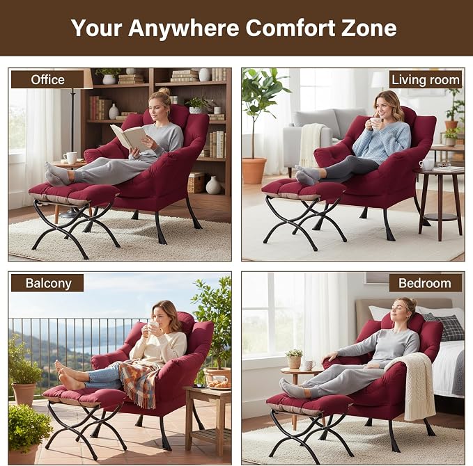 Welnow Lazy Chair with Ottoman, Reading Chair with Footrest, Burgundy | A Side - Image 7