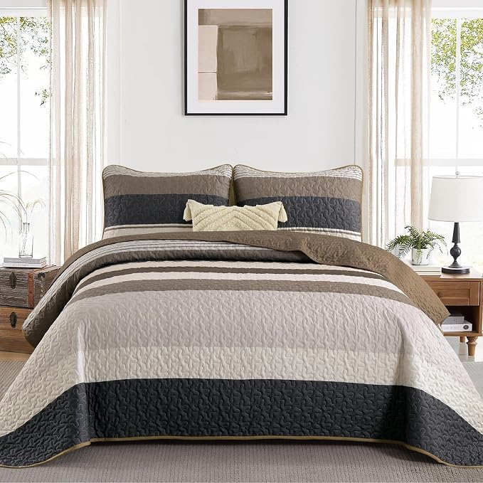 Dinjoy King Boho Striped Quilt Set, Balck White Lightweight Bedspread | Soft - Image 2
