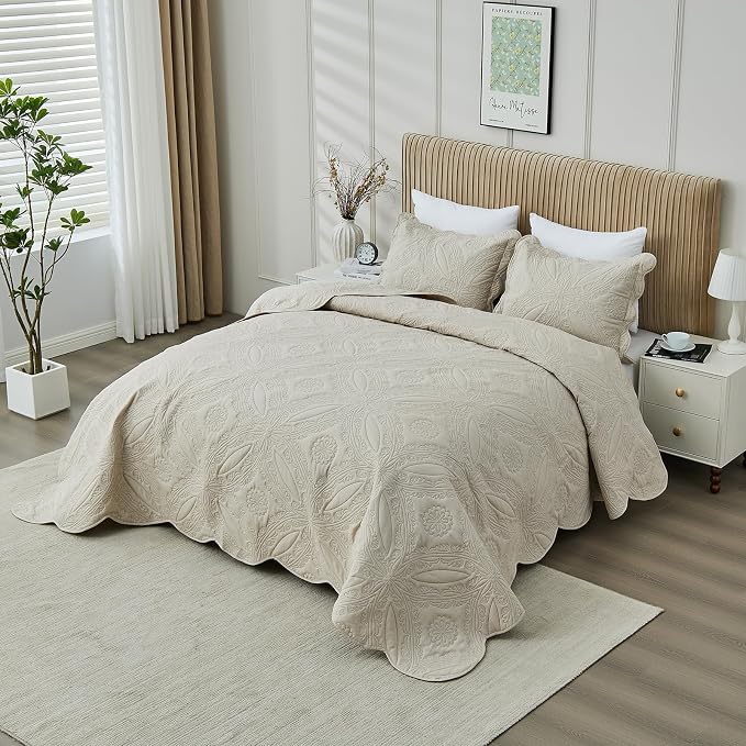 Kingnex Oversized King Bedspreads 128x120 Ultrasonic Quilted Beige | Extra Wide - Image 3