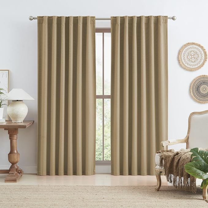 Tan Brown Burlap 100% Blackout Linen Textured Curtains 96 Inch Long Back Tab by KEQIAOSUOCAI