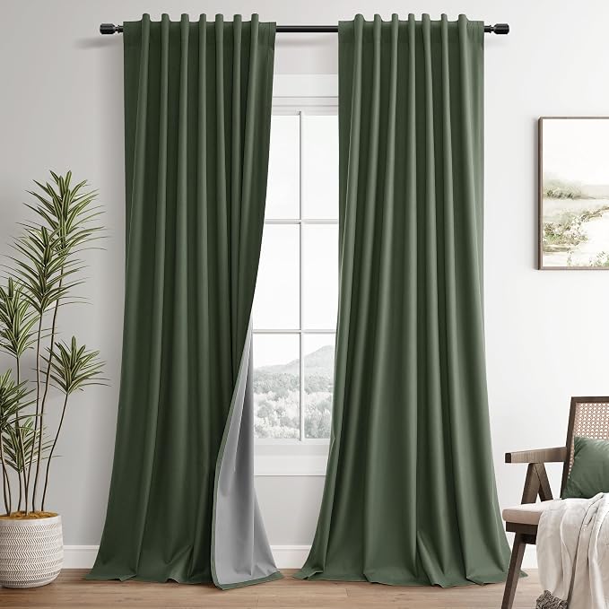 Forest Green 100% Blackout Linen Textured Curtains 84 Inches Long by Guken