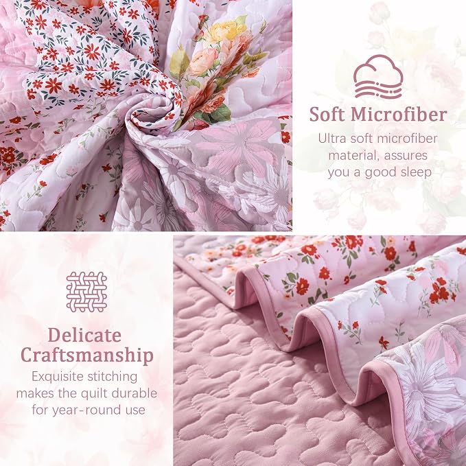 Mybedsoul Patchwork Quilt King Size, Soft Pink Boho Floral King Bedspreads - Image 6