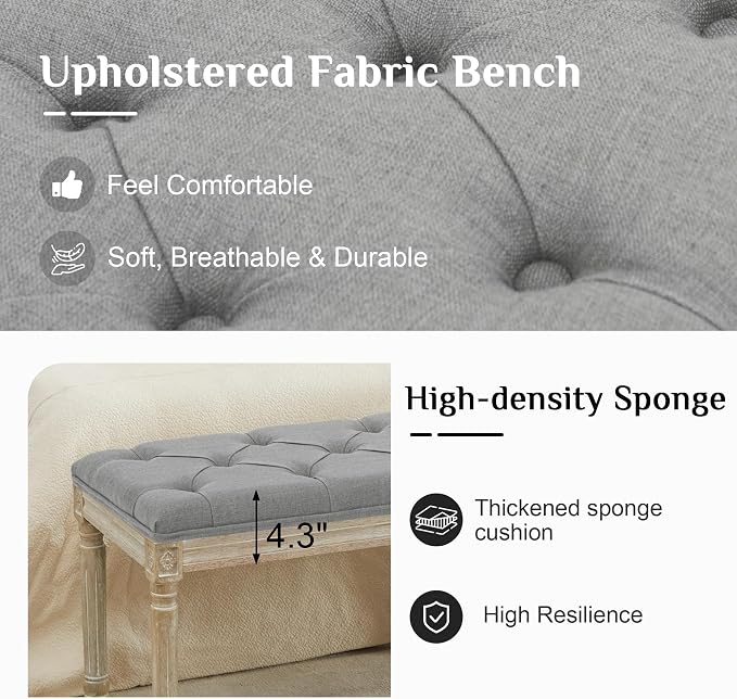 LOULENS 57.7" Linen End of Bed Bench King Size, Light Grey | French, Upholstered - Image 4
