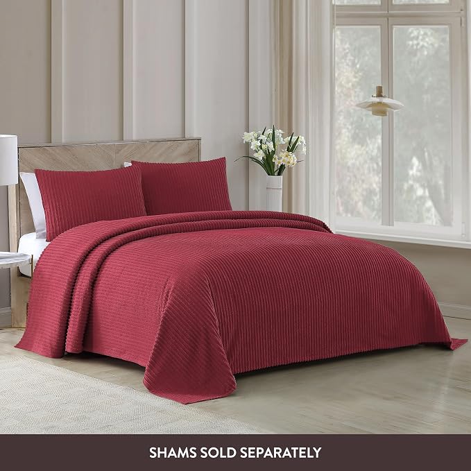 Beatrice Home Fashions King Channel Chenille Bedspread, Burgundy | Soft - Image 3