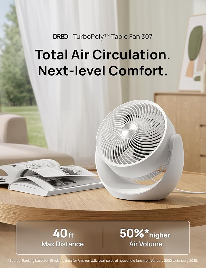 Dreo Fan for Bedroom, Table Air Circulator for Whole Room, 11 Inch, 40ft Strong Airflow, 120° Adjustable Tilt, 28db Low Noise, Quiet, 3 Speeds, 2025 New Desk Fan for Office, Kitchen, Home
