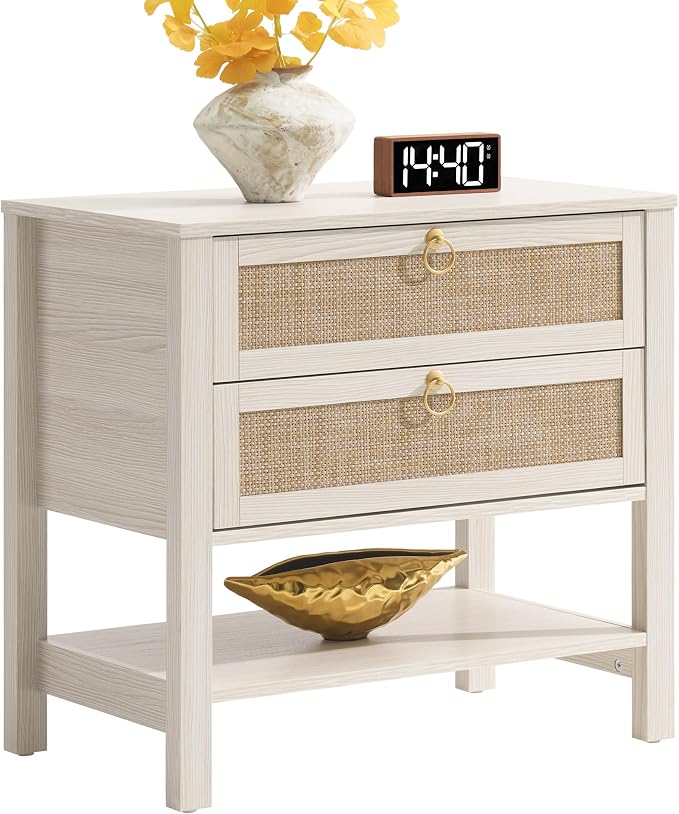 SICOTAS White Rattan Nightstand, Wide Bedside Table - Image 9