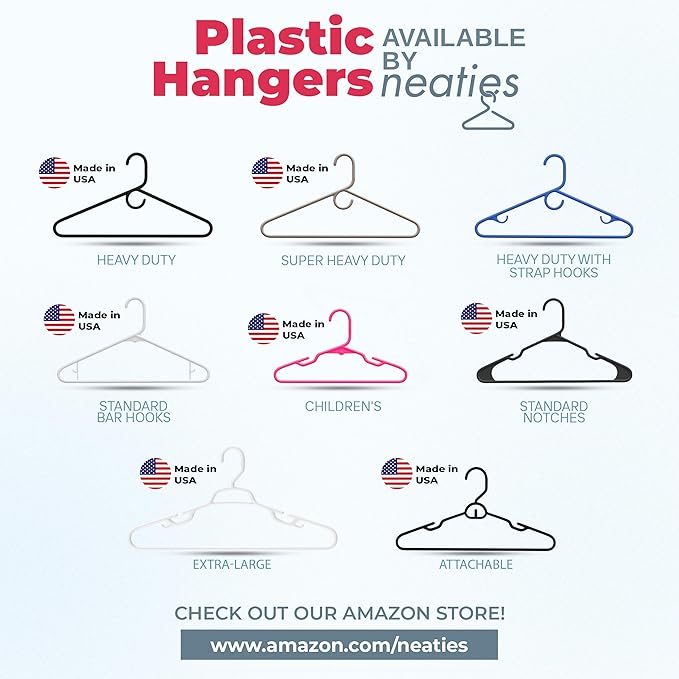 Neaties Heavy Duty Clothes Hangers 100 Pack (108 Count) – Made in The USA – 8lb Capacity Plastic Hangers for Adult Clothing – Durable for Pants, Coats, Jackets, or Jeans – White & Gray