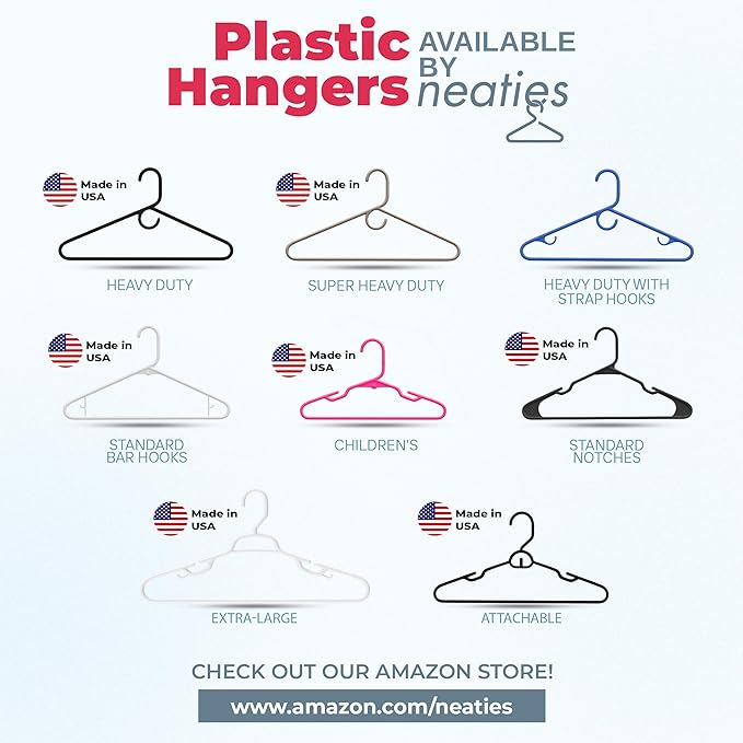 Neaties Plastic Hangers 50 Pack (60 Count) – Made in The USA – 6lb Capacity Standard Clothes Hangers with Strap Hooks for Dresses, Lingerie, Shirts, Pants, and Jackets – Blue
