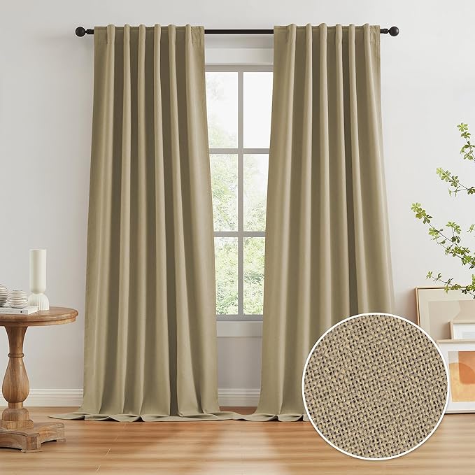 Burlap Linen Blackout Curtains for Ceiling Track System Back Tab, Loop Pocket by KEQIAOSUOCAI