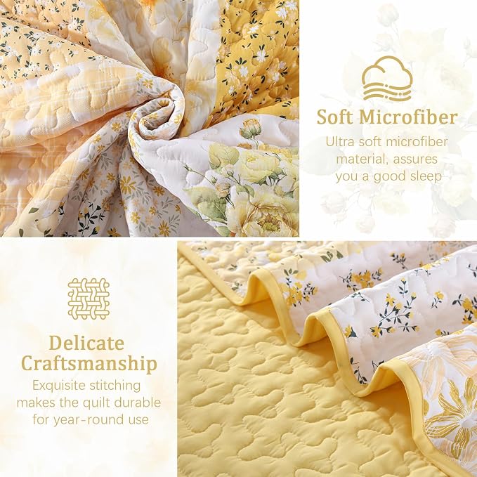 Mybedsoul Patchwork Quilt King Size, Soft Yellow Boho Floral King Bedspreads - Image 6