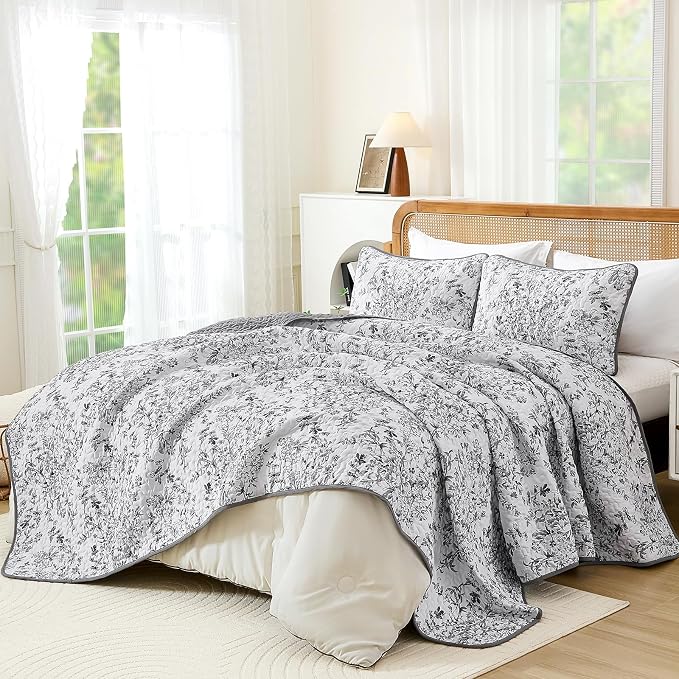 WONGS BEDDING Botanical Quilt King Size, 3 Pieces Bedspread Set, Microfiber - Image 2