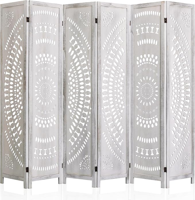 WelFurGeer Handcrafted Carved Wooden Room Divider Screen, Folding Privacy Screen by WelFurGeer