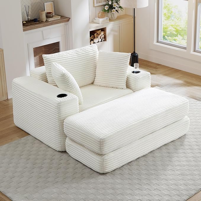 Oversized Chaise Lounge Chair Indoor, 52.4"W Corduroy Upholstered Fluffy Comfy by JEEOHEY