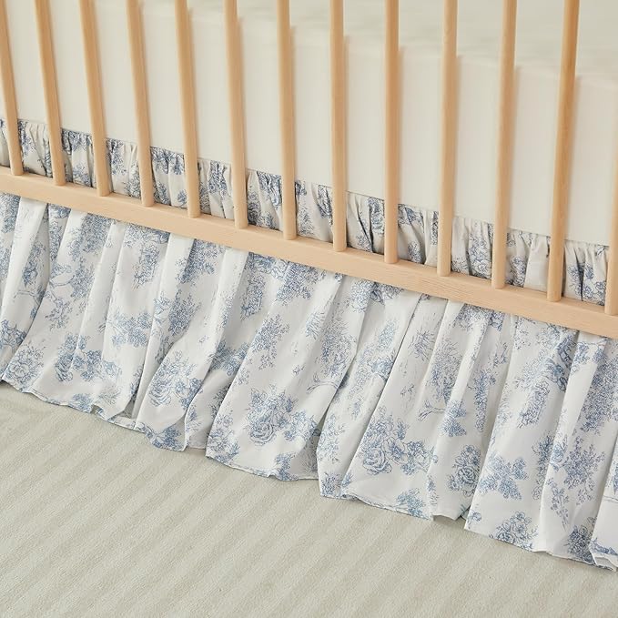 Brandream French Country Toile Floral Print Cotton Crib Skirt Toddler Bedskirt Baby Nursery Crib Bed Skirt Boho Bohemian Neutral Blue Farmhouse Chic Ruffles Skirt