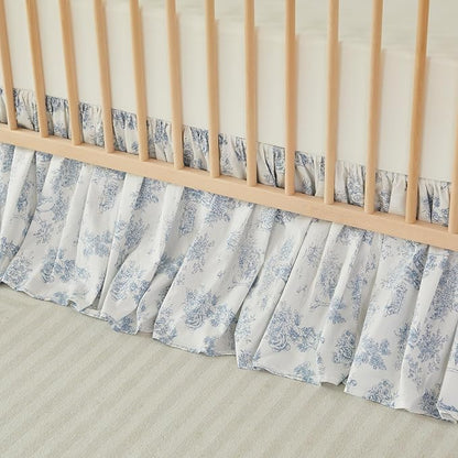 Brandream French Country Toile Floral Print Cotton Crib Skirt Toddler Bedskirt Baby Nursery Crib Bed Skirt Boho Bohemian Neutral Blue Farmhouse Chic Ruffles Skirt