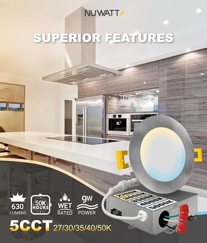 NUWATT 12 Pack, 4 Inch Ultra-Thin Recessed LED Lights Brushed Nickel, 5CCT 2700K/3000K/3500K/4000K/5000K Selectable, 630LM, 9W, IC Rated, Dimmable Canless Downlight With Junction Box, Energy Star, ETL