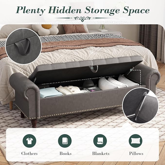 Apicizon 60” Bench with Storage, Upholstered Tufted Button Bedroom Bench with - Image 5