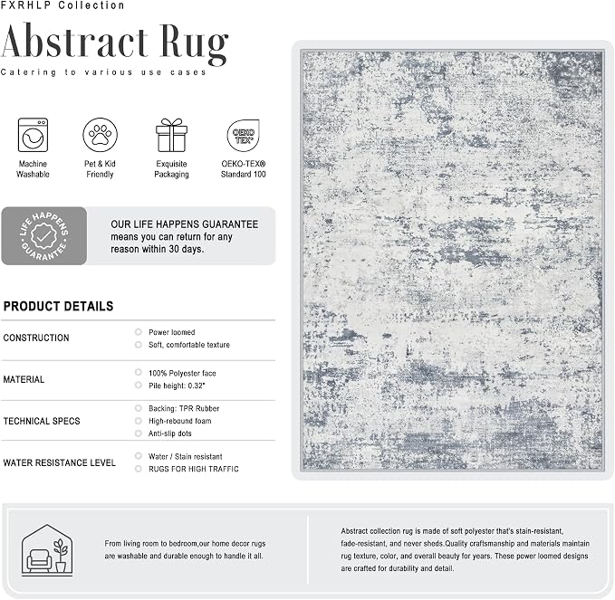 2.6x8 Washable Runner Rug：Modern Abstract Soft Carpet Blue Grey | - Image 3