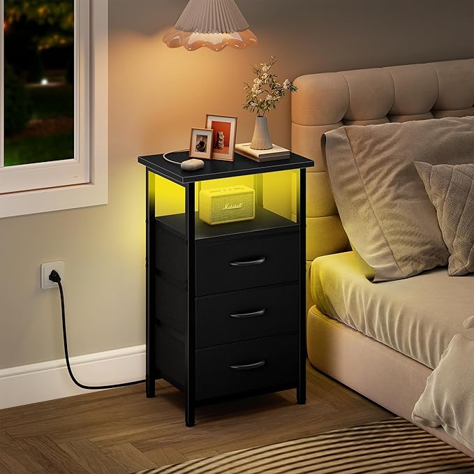 Night Stand with Charging Station, LED Nightstand - Image 2