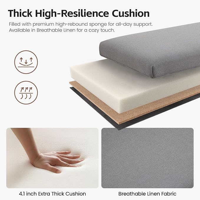 43.5" Upholstered Bedroom Bench, Linen Entryway Bench - Image 3