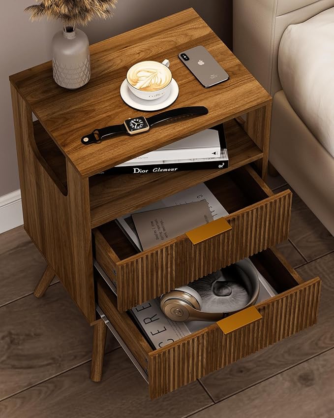 Nightstand,Modern Bedside Table with 2 Storage Drawer and Open Wood Shelf, for Bedroom and Small Spaces,Night Stand with Solid Wood Legs,Walnut Brown