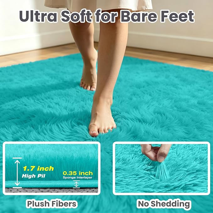 8x10 Fluffy Area Rug for Living Room: Non-Slip Turquoise Bedroom Carpet | Ultra - Image 7
