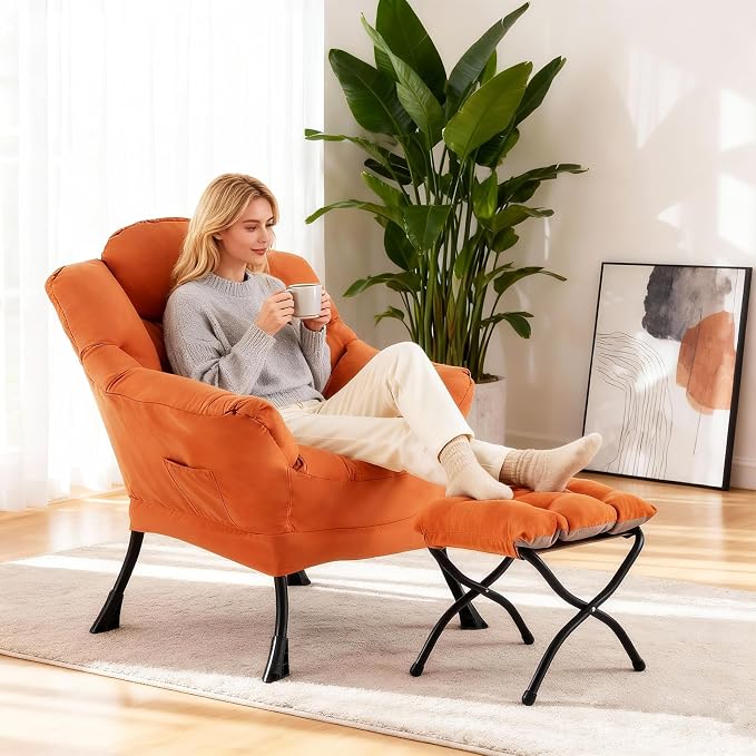Welnow Lazy Chair with Ottoman, Reading Chair with Footrest，Orange | A Side - Image 2