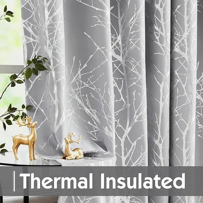 FMFUNCTEX 100% Blackout Grey Silver Foil Tree Curtains 63 Inch 2 Panels | - Image 5