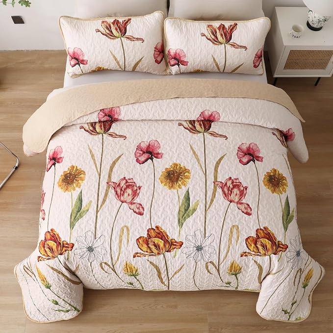 WONGS BEDDING Floral Quilt Set Queen Size, 3 Pieces Beige Bedspread | Chic - Image 3