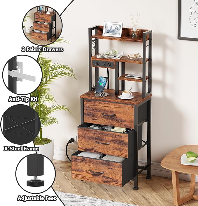 Tall Nightstand, 45.3" Bedside Table & End Table, 3 Fabric Drawers | RGB LED - Image 4