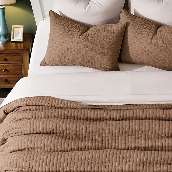 100% Cotton Cross Stitch 3-Piece Quilt Set, Camel Brown | 100% Cotton, Elegant - Image 3