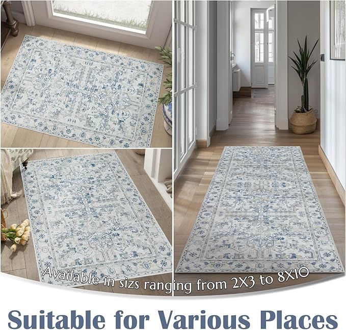 jinchan Lima Hallway Runner Rug 2x10 Washable - Vintage Floral Non Slip Low-Pile Soft Ultra-Thin Faux Wool Kitchen Rug Distressed Carpet Runner for Farmhouse Bedroom Laundry (2x10ft, Blue)