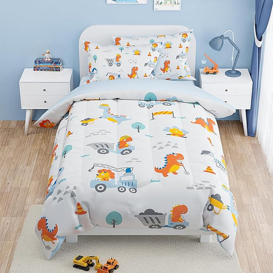 SANDJEST Dinosaur Comforter Set Full Size 98x86in for Kids Boys, Microfiber 4 Pcs Bedding Set Includes 1 Comforter, 2 Pillowcases, 1 Fitted Sheet, Nursery Room Decor