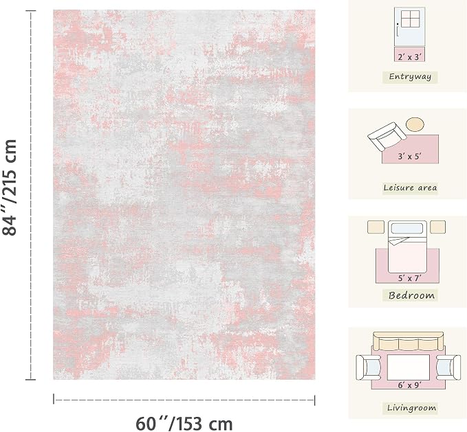 Latte&Fog 3x5 Entryway Pink Area Rugs, Modern Abstract Washable Rugs | - Image 2